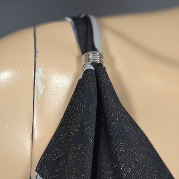 Y2K McBling Black Gray Tank Top Gold Glitter Swirl Print Size M Ruched V Neck - Picture 3 of 8